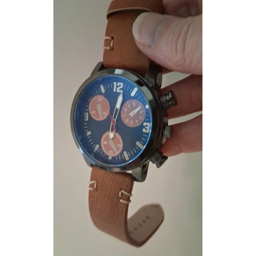 Chronograph Watch Dark Brown face Brown subdials Brown leather strap Working